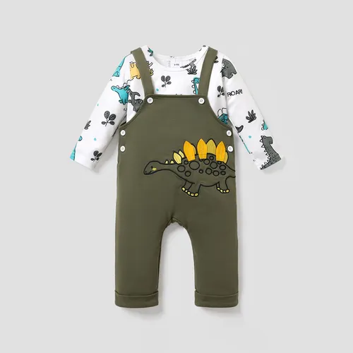 2pcs Baby Boy Allover Dinosaur Print Long-sleeve Tee and Embroidered Overalls Set