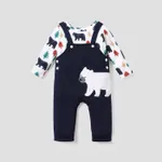2pcs Baby Boy Allover Dinosaur Print Long-sleeve Tee and Embroidered Overalls Set Dark Blue/white