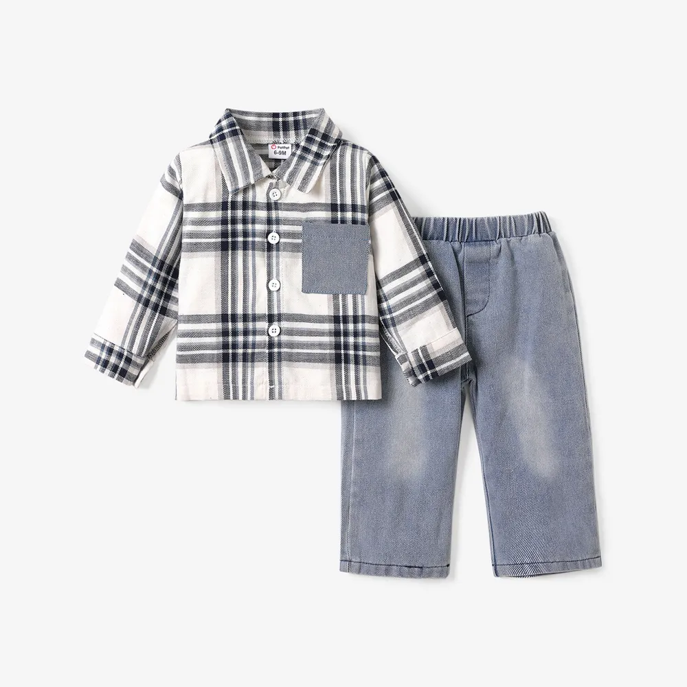 2pcs Baby Boy Patch Pocket Long-sleeve Plaid Shirt and Denim  Jeans Set   big image 1