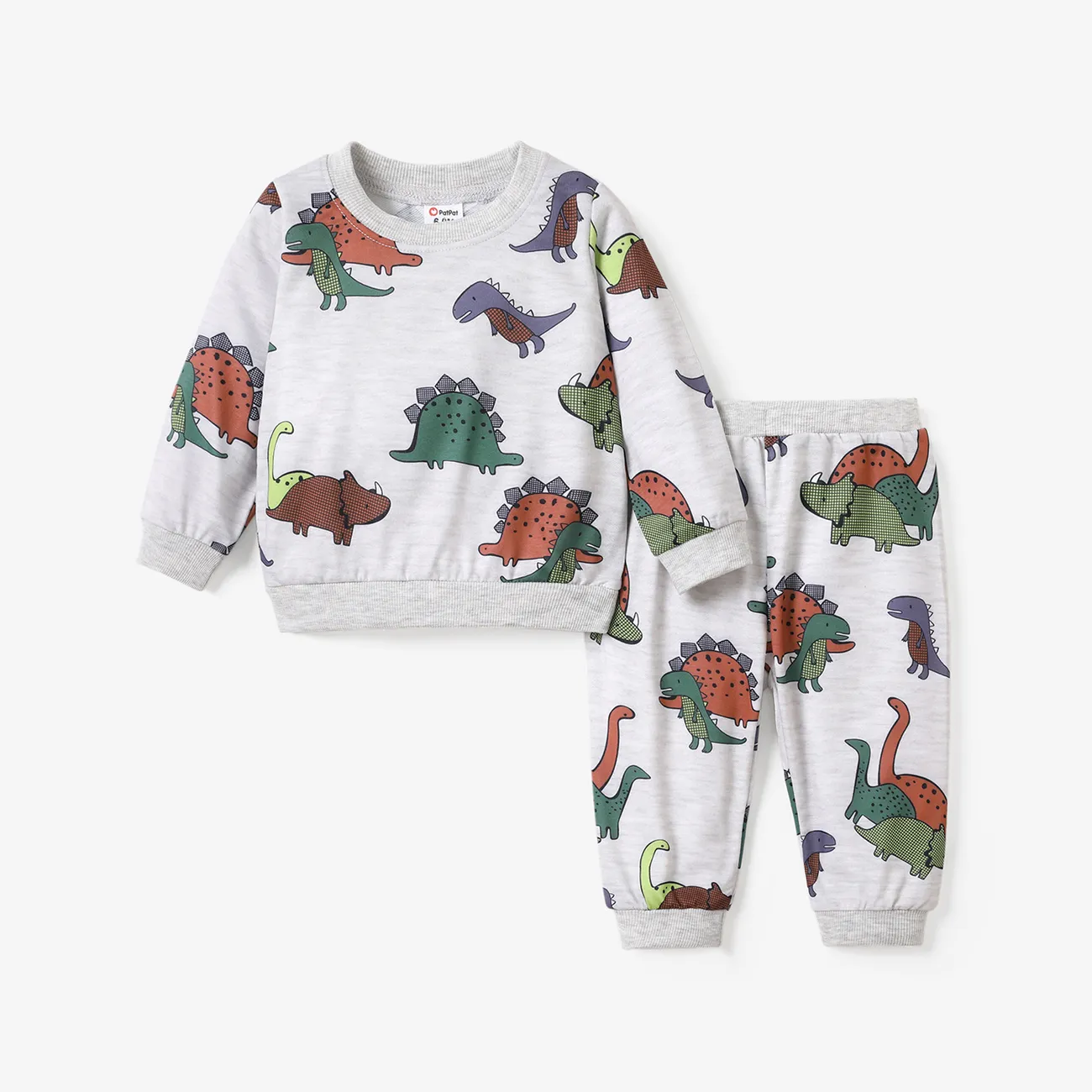 2pcs Baby Boy Allover Dinosaur Print Long-sleeve Sweatshirt and Pants Set  big image 1