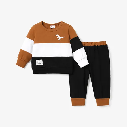Baby Boy Cotton Dinosaur Graphic Colorblock Long-sleeve Top and Pants Set