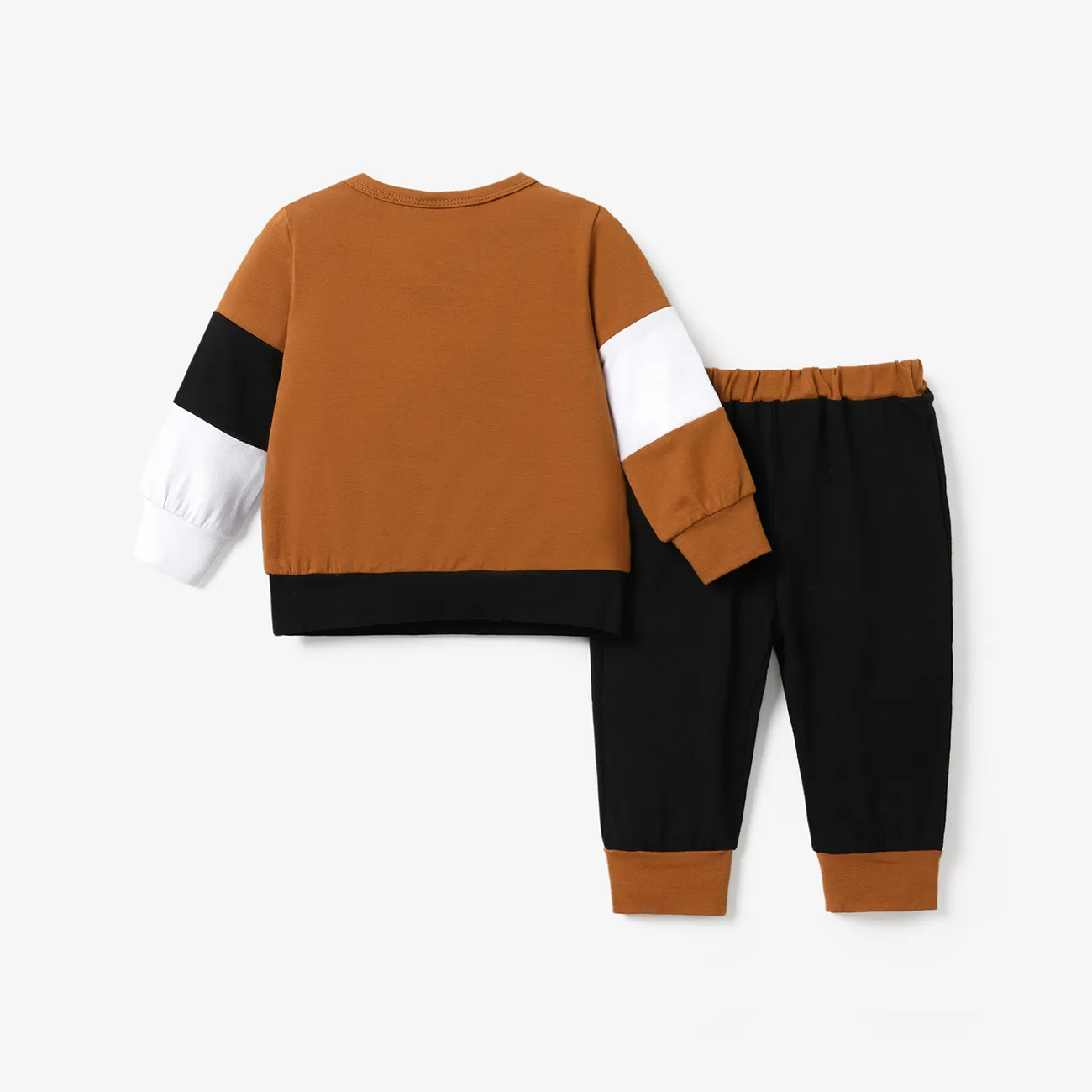 Baby Boy Cotton Dinosaur Graphic Colorblock Long-sleeve Top and Pants Set Brown big image 1