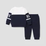 2pcs Baby Boy Cartoon Bear & Letter Print Colorblock Long-sleeve Sweatshirt and Sweatpants Set Dark Blue/white image 4