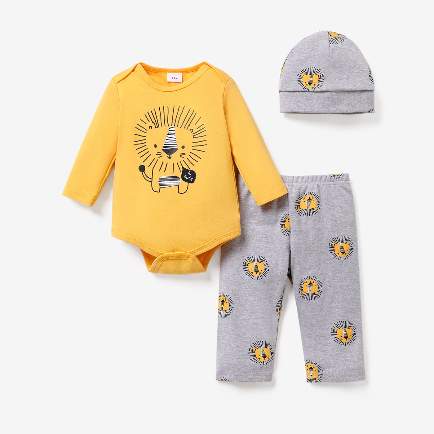 100% Cotton 3pcs Lion Print Long-sleeve Yellow Baby Set