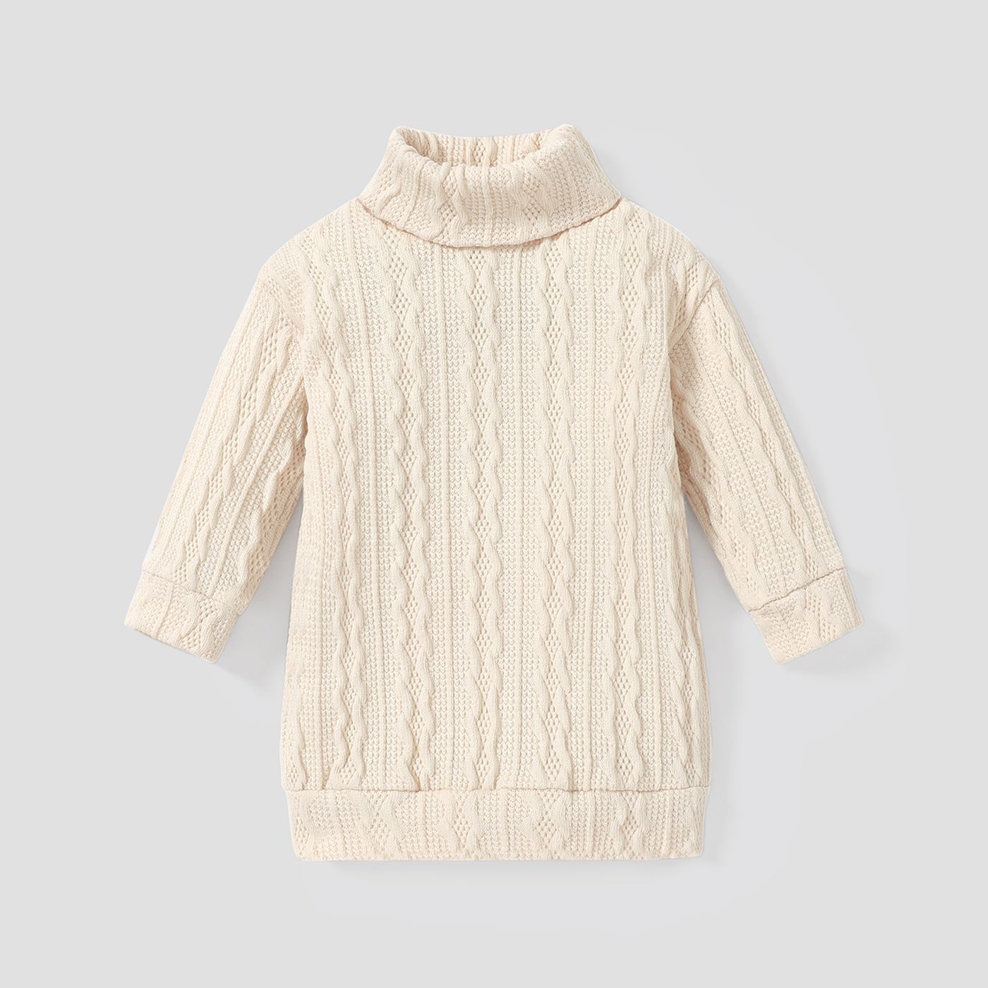 Baby Girl Solid Cable Knit Turtleneck Long-sleeve Sweater Dress