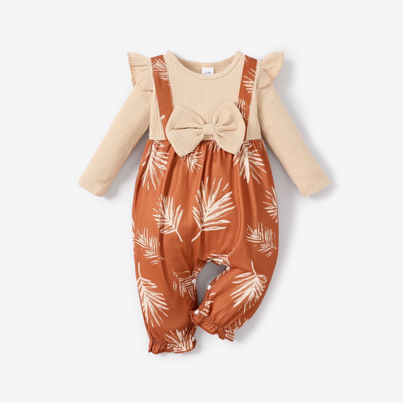 Baby Girl Bow Front Plant Print Rib-knit Panel 2 In 1 Jumpsuit