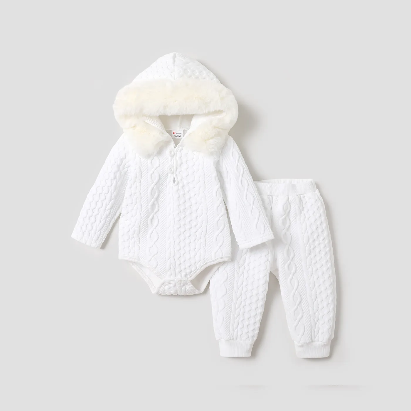 2pcs Baby Boy/Girl White Imitation Knitting Textured Spliced Faux Fur Hooded Long-sleeve Romper and 