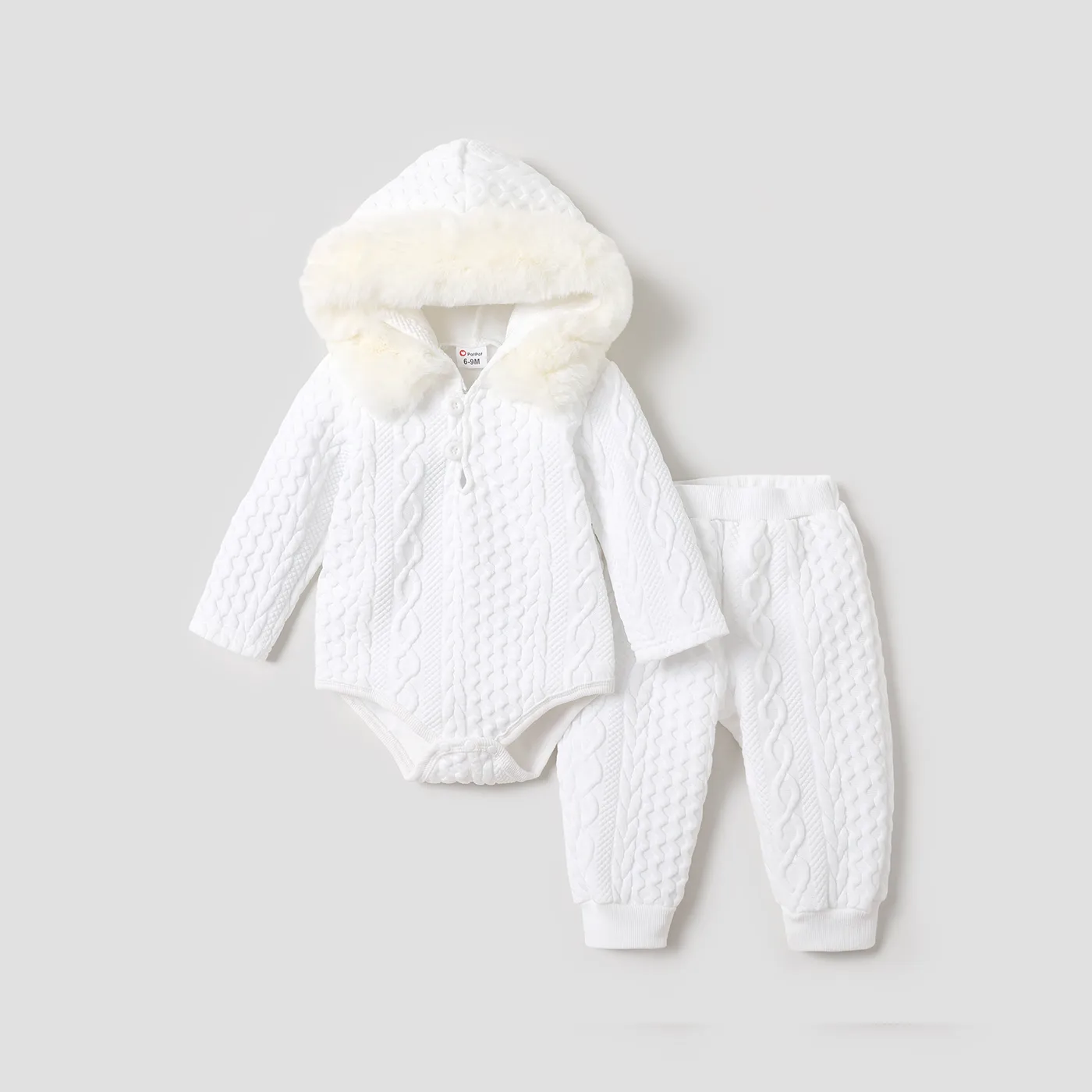 2pcs Baby Boy/Girl White Imitation Knitting Textured Spliced Faux Fur Hooded Long-sleeve Romper and Pants Set OffWhite big image 1