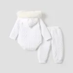2pcs Baby Boy/Girl White Imitation Knitting Textured Spliced Faux Fur Hooded Long-sleeve Romper and Pants Set  image 2