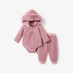 2pcs Baby Boy/Girl White Imitation Knitting Textured Spliced Faux Fur Hooded Long-sleeve Romper and Pants Set Pink