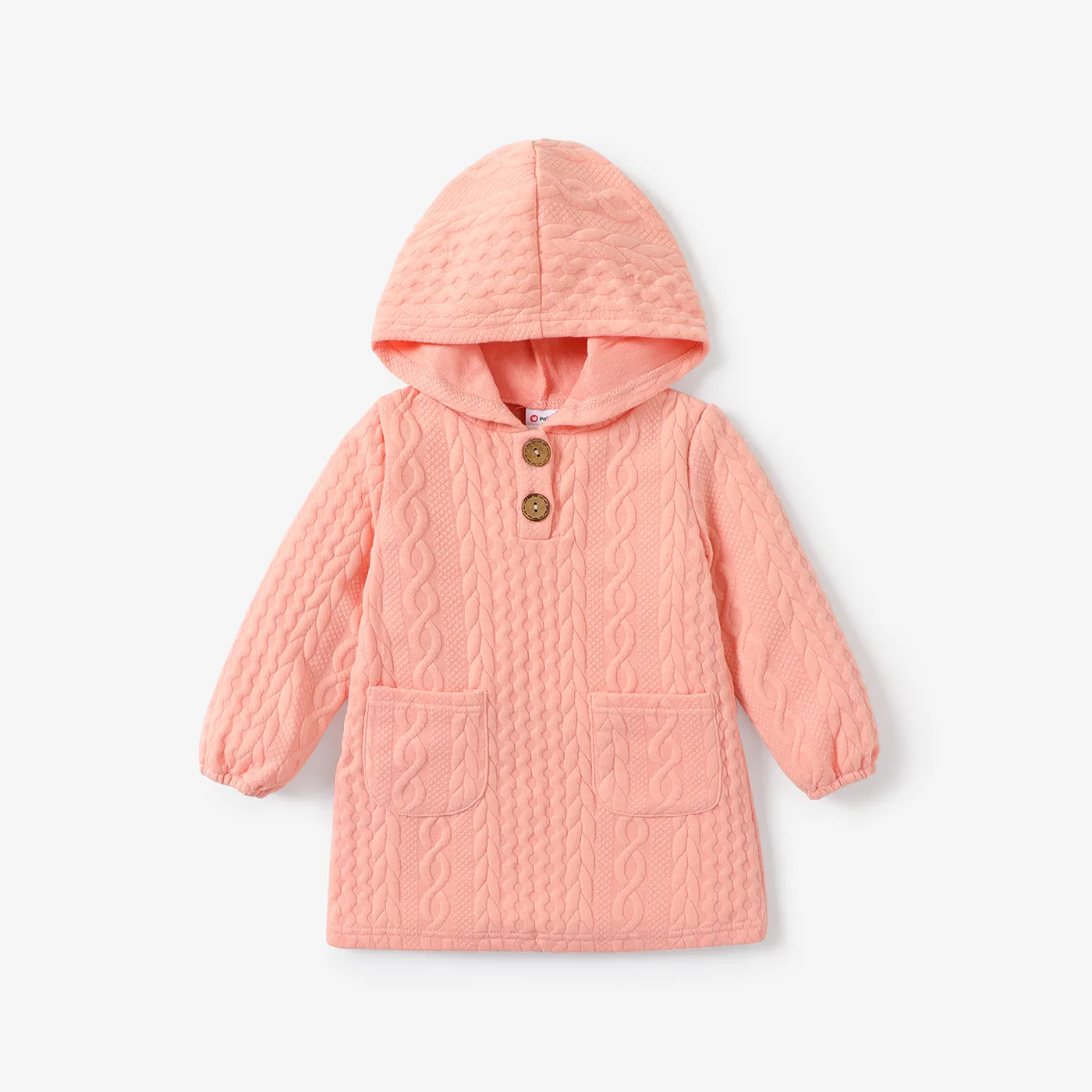Toddler Girl Button Design Cable Knit Textured Hooded Dress