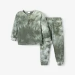 2-piece Toddler Girl/Boy Tie Dye Long-sleeve Ribbed Henley Shirt and Elasticized Pants Set Green