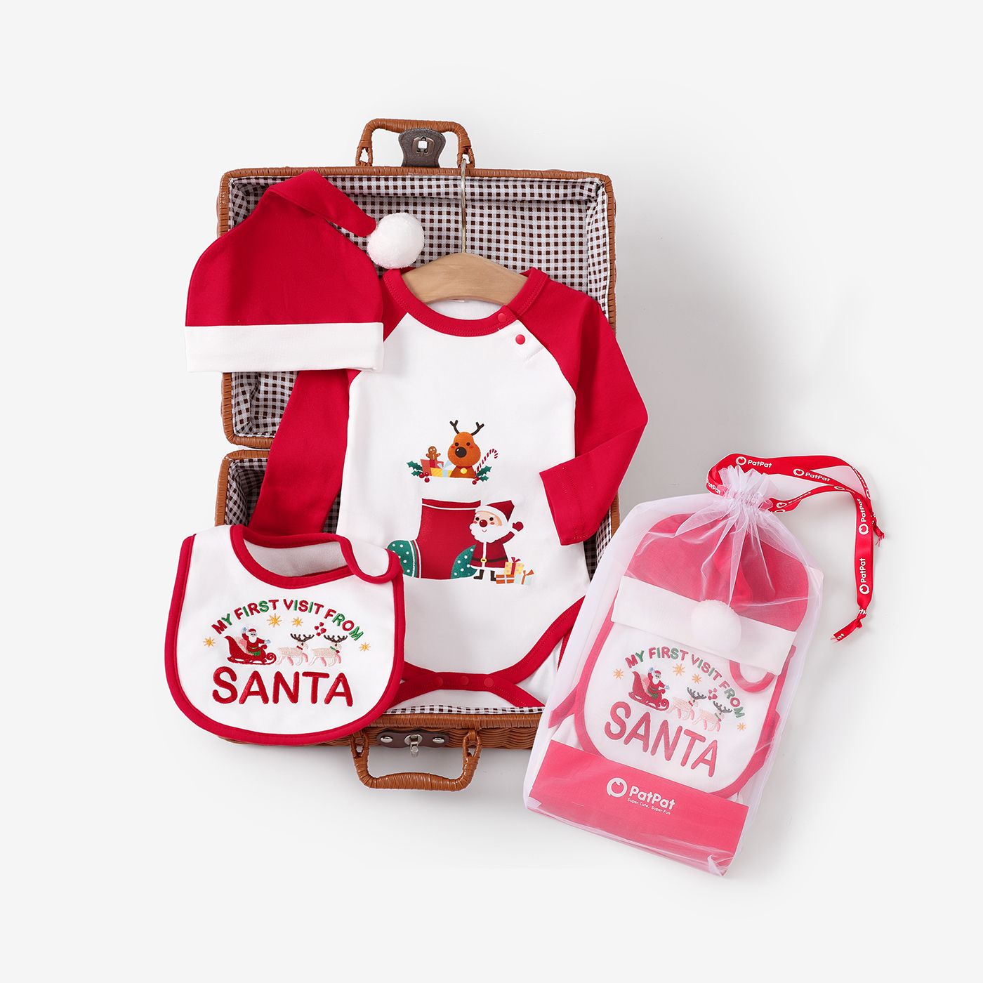3pcs Baby Girl / Boy Christmas Cotton Gift Set Avec Chapeau, Body Et Bavoir
