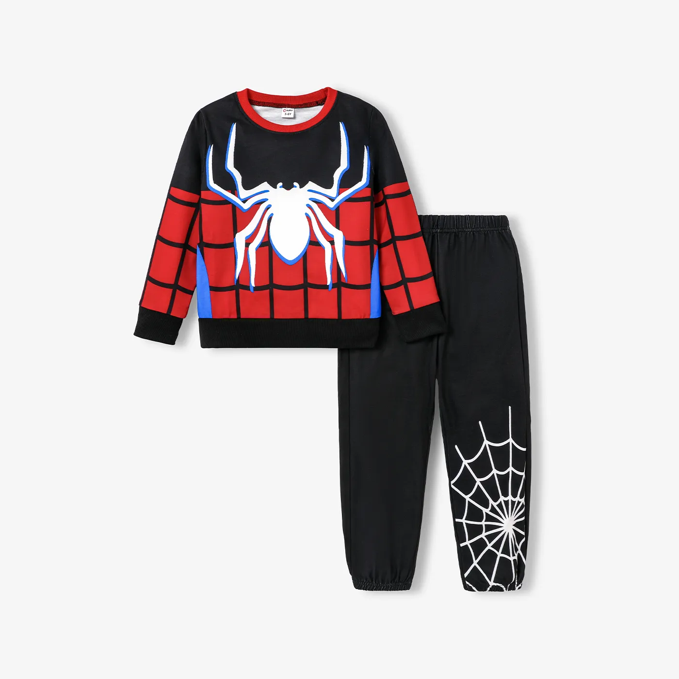 2pcs Kid Boy Spider Print Colorblock Sweatshirt and Black Pants Set  big image 1