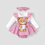 2pcs Baby Girl 100% Cotton Bear Graphic Ruffle Trim Long-sleeve Faux-two Romper & Headband Set Pink
