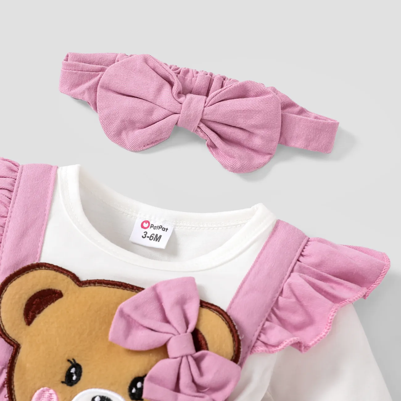 2pcs Baby Girl 100% Cotton Bear Graphic Ruffle Trim Long-sleeve Faux-two Romper & Headband Set Pink big image 1