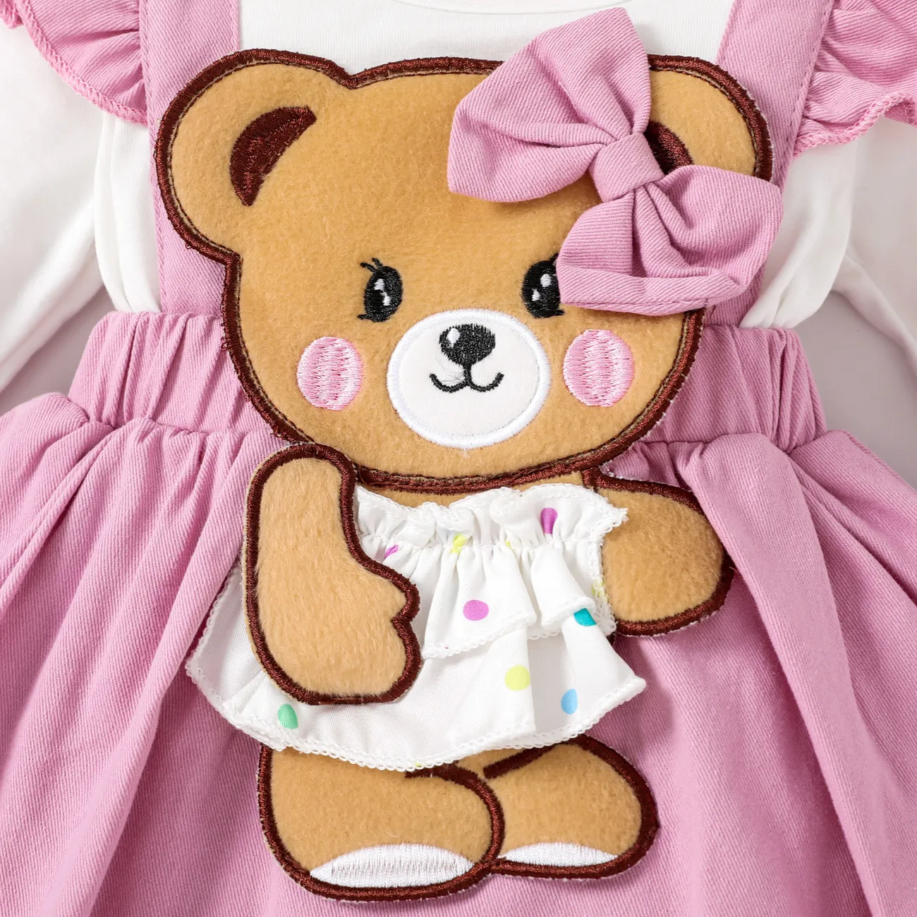 2pcs Baby Girl 100% Cotton Bear Graphic Ruffle Trim Long-sleeve Faux-two Romper & Headband Set Pink big image 1