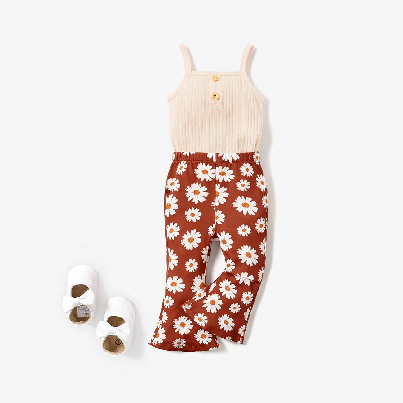 2 قطعة رومبير مضلع بحزام سباغيتي للفتيات الصغيرات ومجموعة سروال واسع بطبعة زهور الأقحوان مشمش big image 1