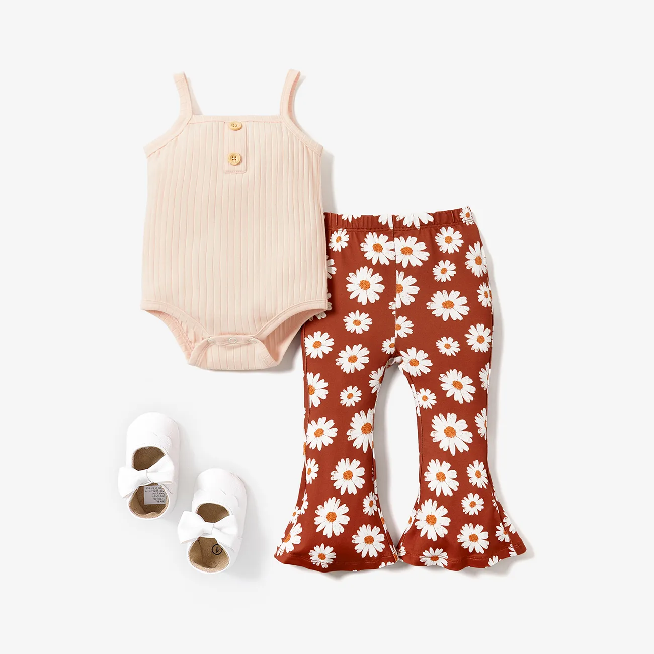2pcs Baby Girl Ribbed Spaghetti Strap Romper and Allover Daisy Floral Print Flared Pants Set Apricot big image 1