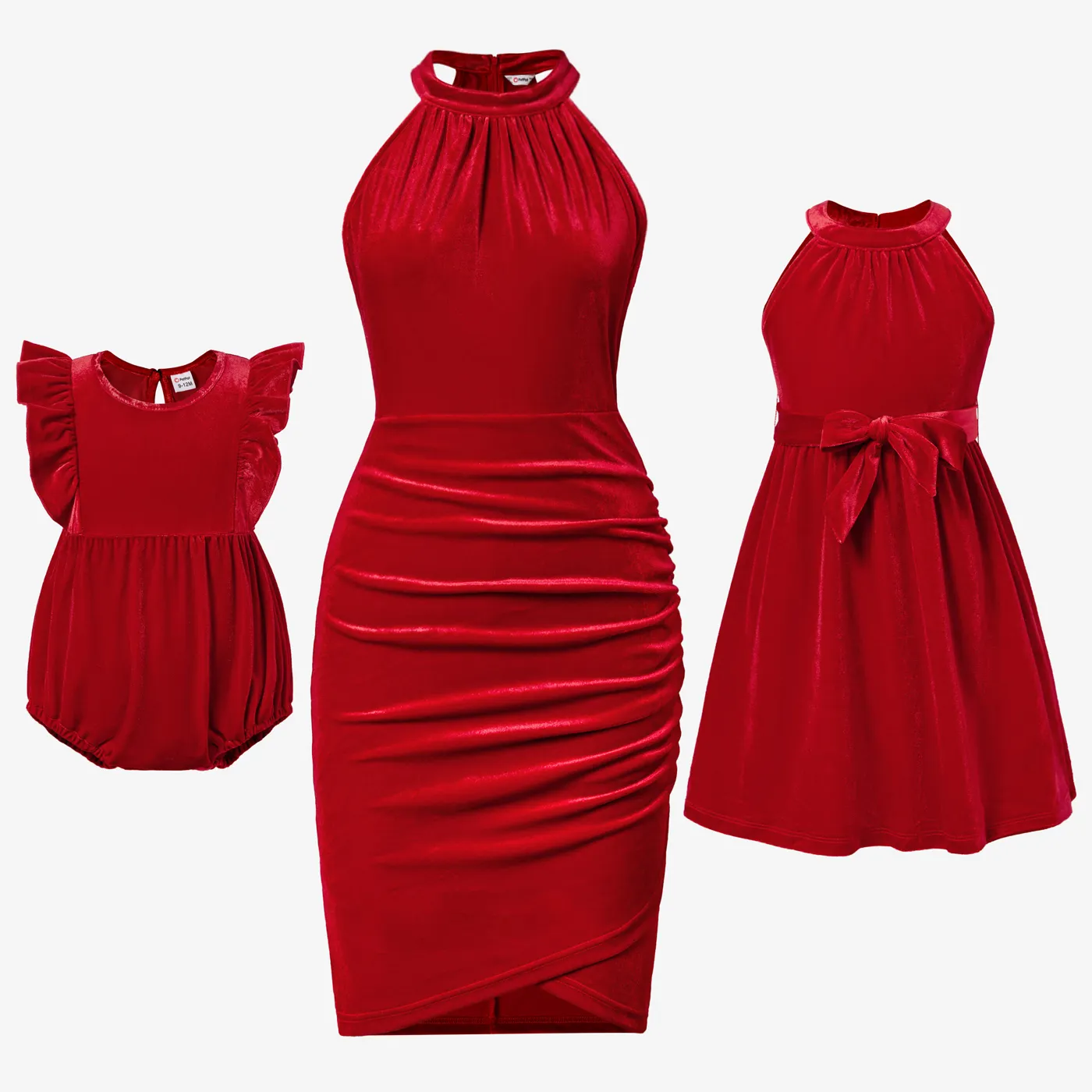 Mommy and Me Halter Neck Red Velet Dresses