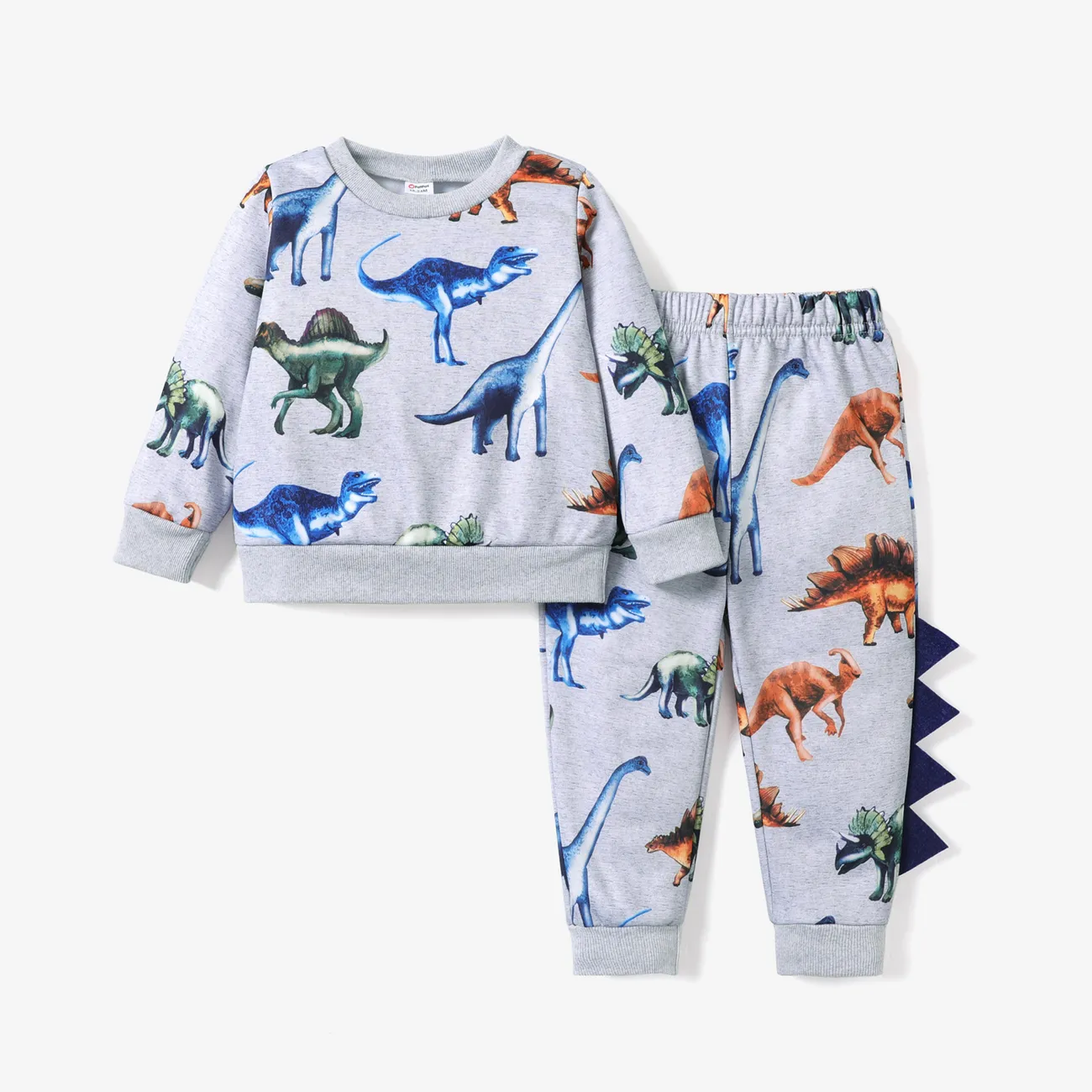 2-piece Toddler Boy Animal Dinosaur Print Pullover Sweatshirt and Pants Casual Set Light Grey big image 1