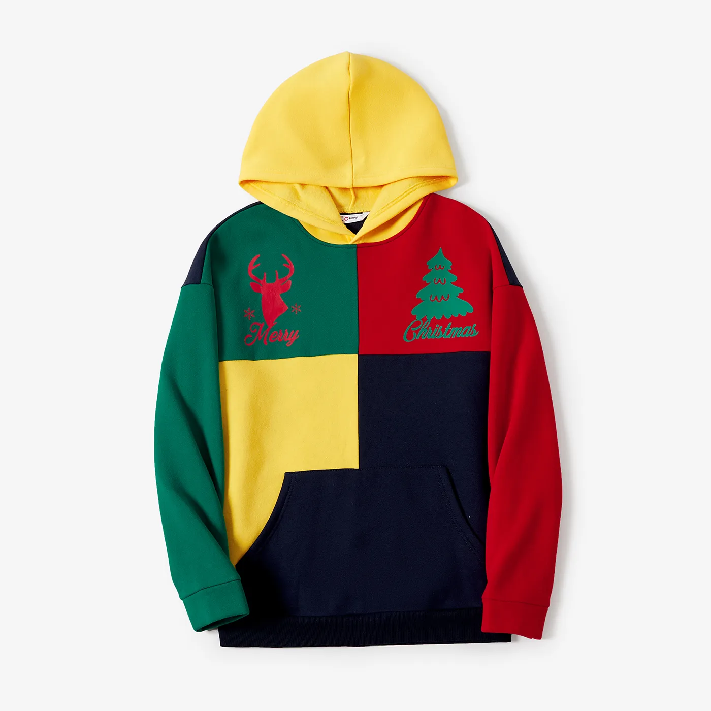 Christmas Family Matching Color-block Reindeer & Tree Print Long Sleeve Hooded Fleece-lining Sweatshirts Multi-color image 6