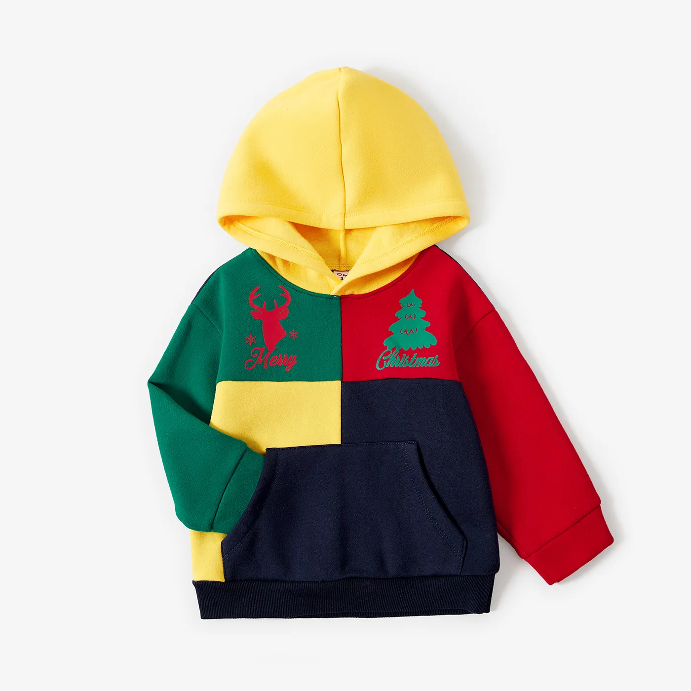 Christmas Family Matching Color-block Reindeer & Tree Print Long Sleeve Hooded Fleece-lining Sweatshirts Multi-color big image 1