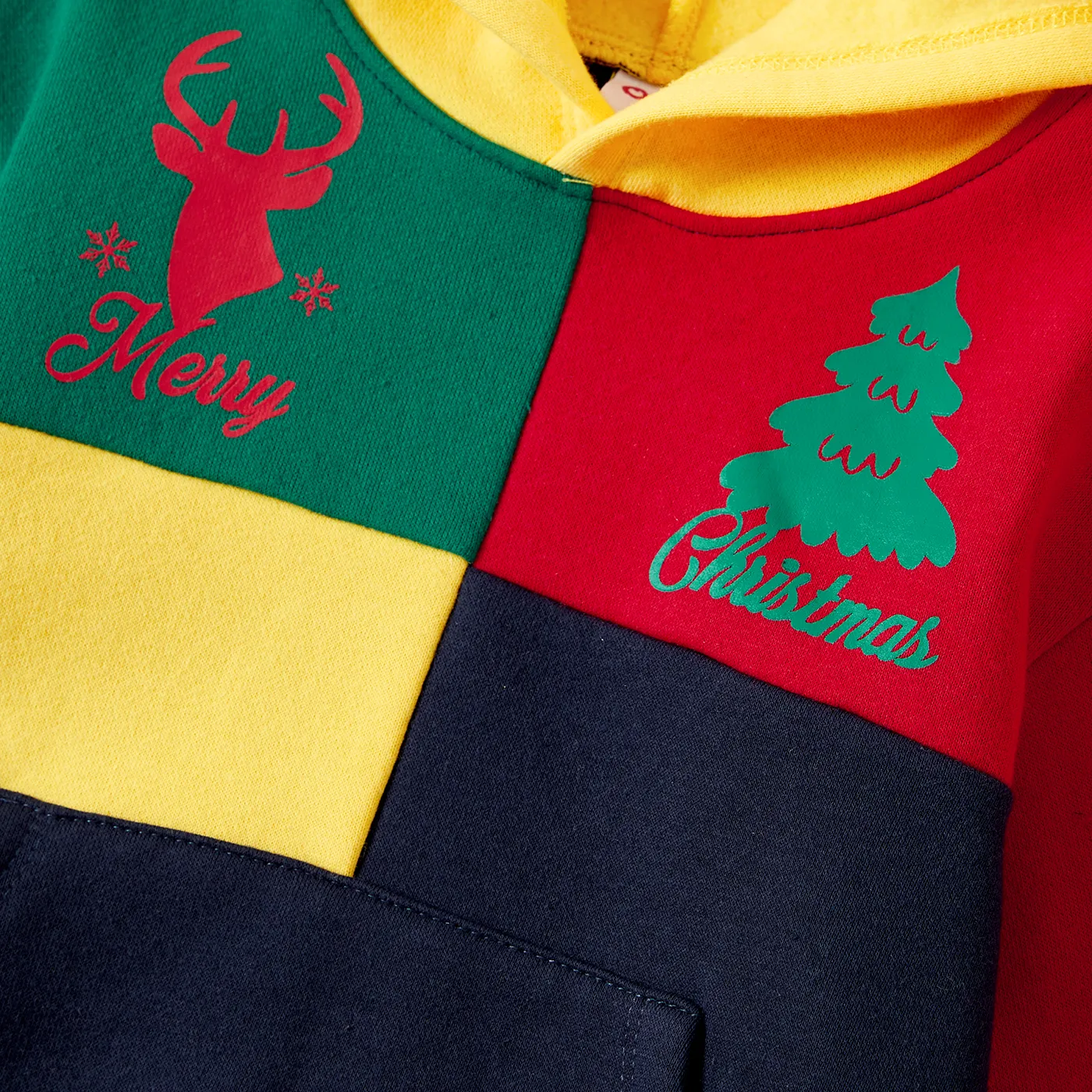 Christmas Family Matching Color-block Reindeer & Tree Print Long Sleeve Hooded Fleece-lining Sweatshirts Multi-color image 3