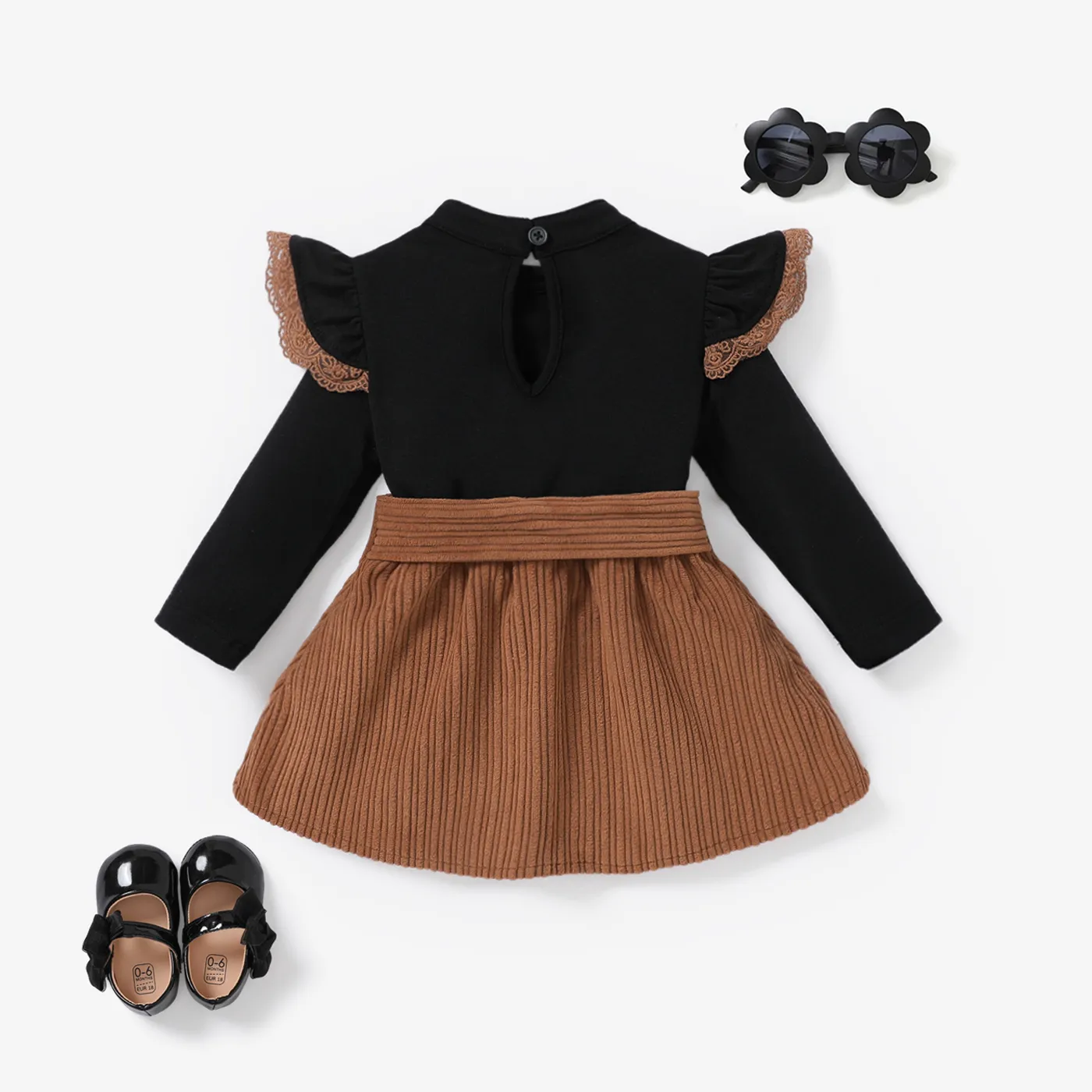 2PCS Baby Girl Solid Color Long Sleeve Lace Top/Belt Dress Set Brown image 2