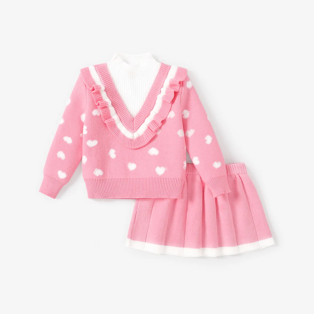  2PCS Toddler Girl Sweet Heart-shaped Faux-two Sweater and Skirt Set Pink big image 1