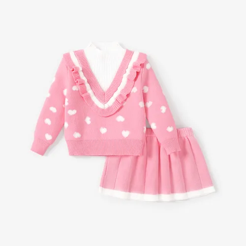  2PCS Toddler Girl Sweet Heart-shaped Faux-two Sweater and Skirt Set