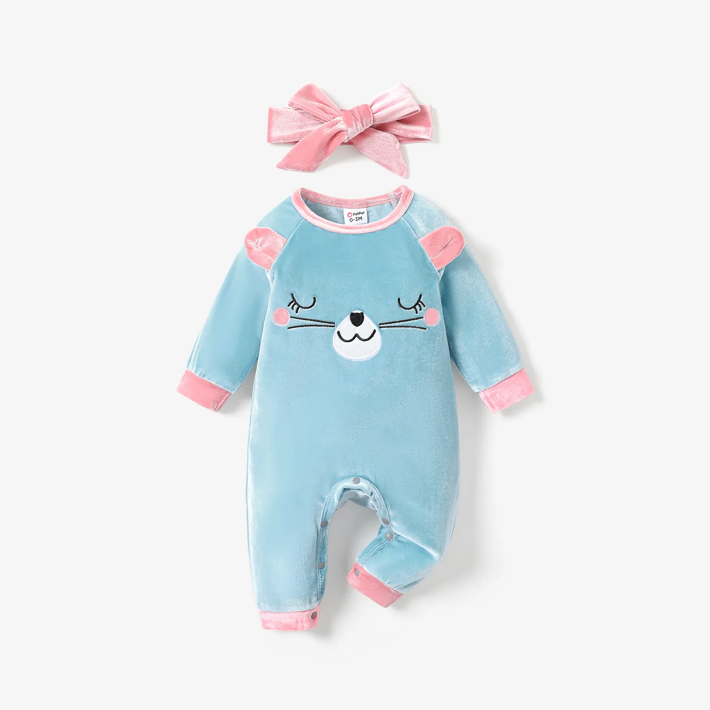 嬰兒 女童 甜美 動物圖案 長腿連身衣 藍灰色