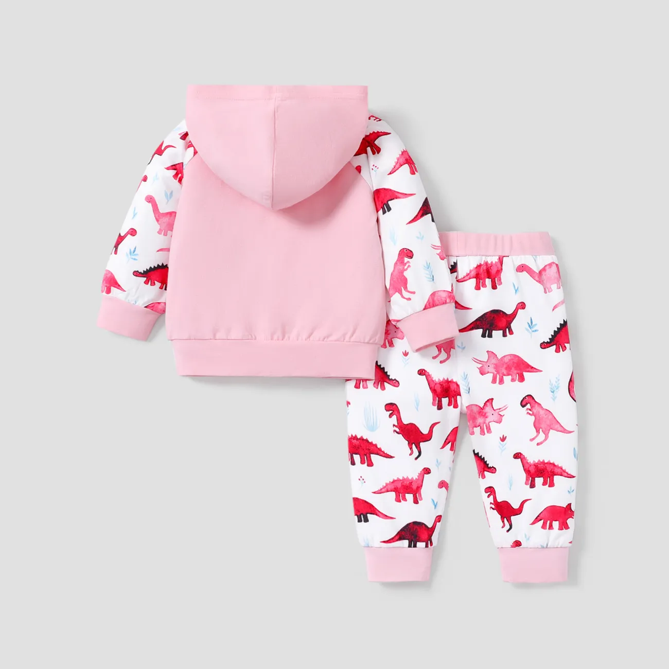 2pcs Baby Letter and Dinosaur Print Pink Long-sleeve Hoodie and Trousers Set Light Pink big image 1