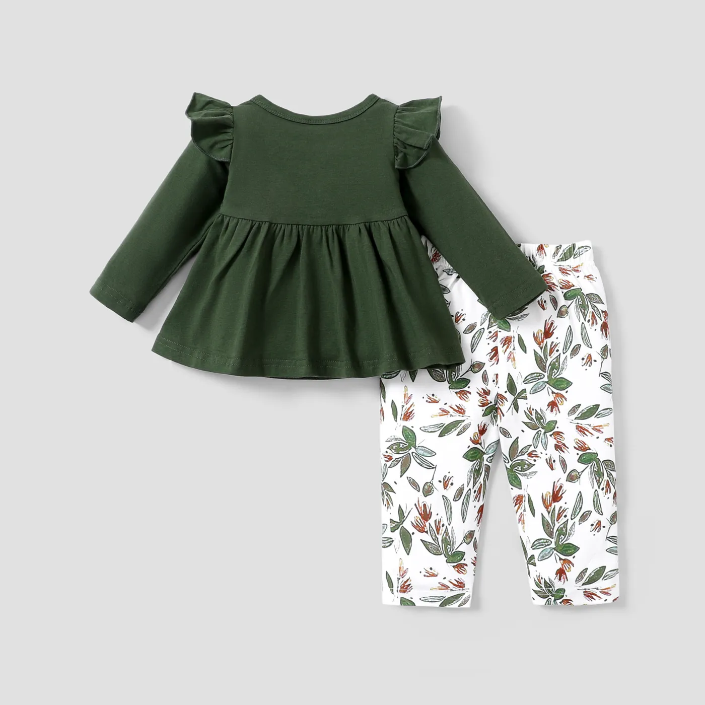 2pcs Baby 95% Cotton Ruffle Long-sleeve Bowknot Top and All Over Leaves Print Trousers Set Dark Green image 2