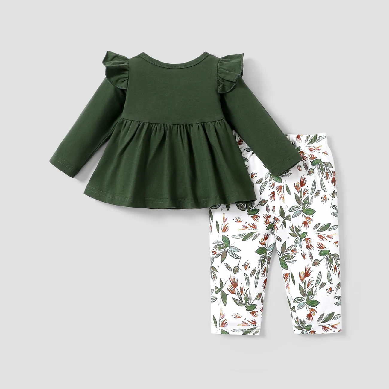 2pcs Baby 95% Cotton Ruffle Long-sleeve Bowknot Top and All Over Leaves Print Trousers Set Dark Green big image 1