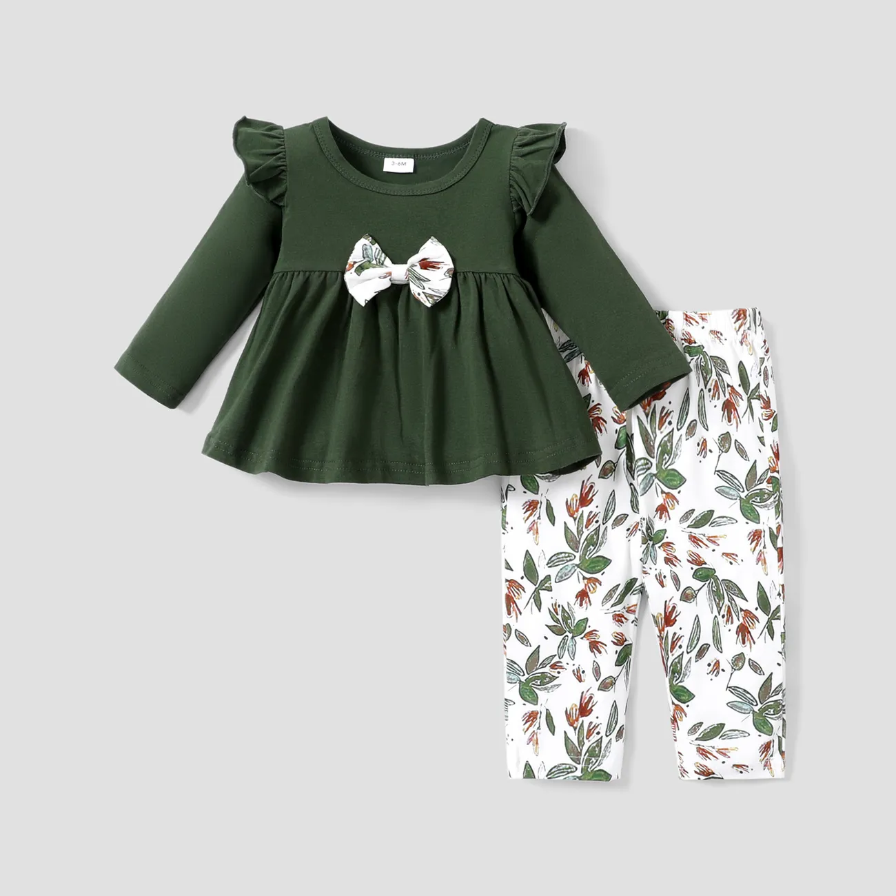 2pcs Baby 95% Cotton Ruffle Long-sleeve Bowknot Top and All Over Leaves Print Trousers Set Dark Green big image 1