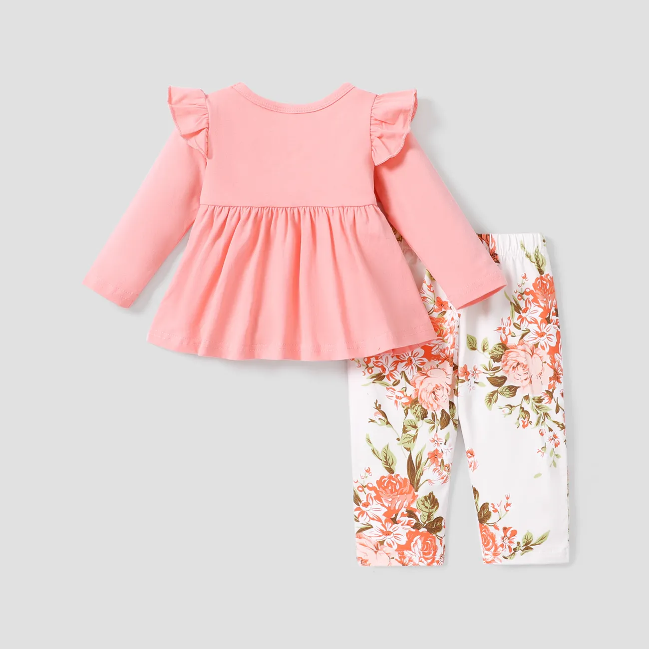 2pcs Baby 95% Cotton Ruffle Long-sleeve Bowknot Top and All Over Leaves Print Trousers Set Pink big image 1