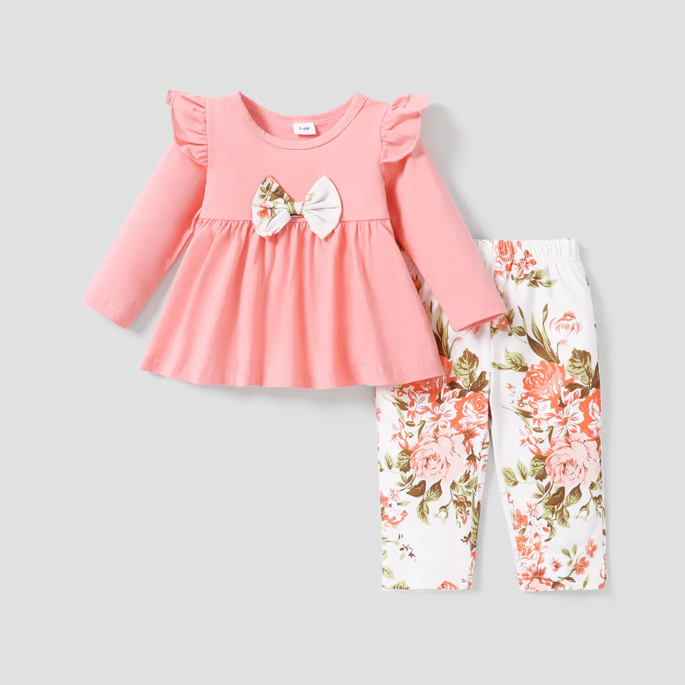 2pcs Baby 95% Cotton Ruffle Long-sleeve Bowknot Top and All Over Leaves Print Trousers Set Pink