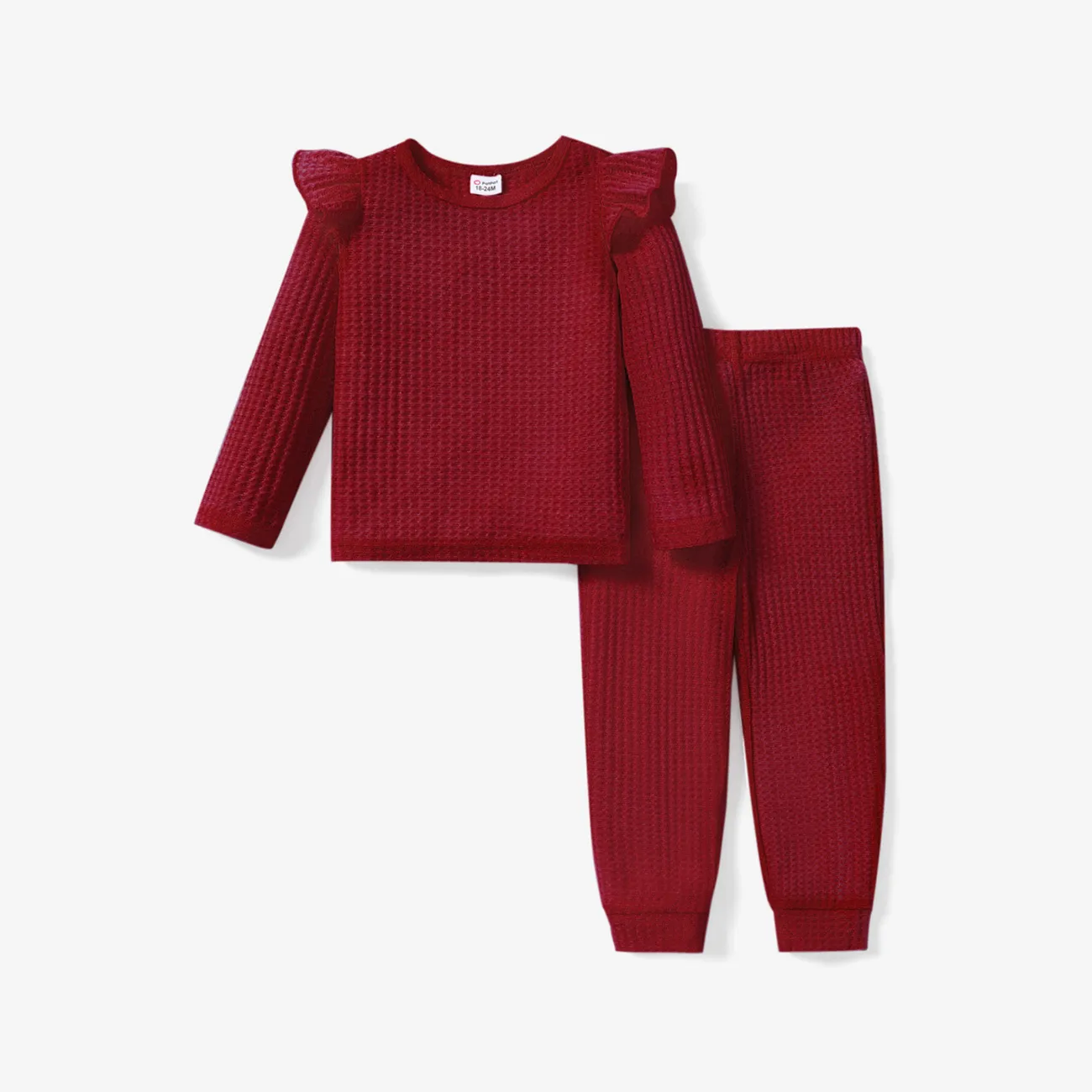2-piece Toddler Girl Ruffled Textured Long-sleeve Top and Solid Color Pants Set Burgundy big image 1