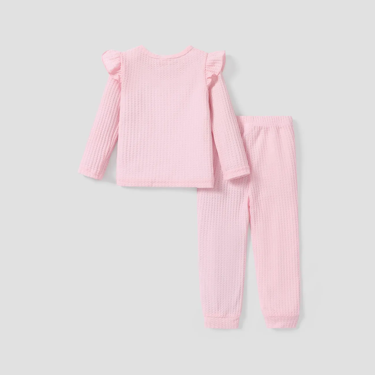 2-piece Toddler Girl Ruffled Textured Long-sleeve Top and Solid Color Pants Set Pink big image 1