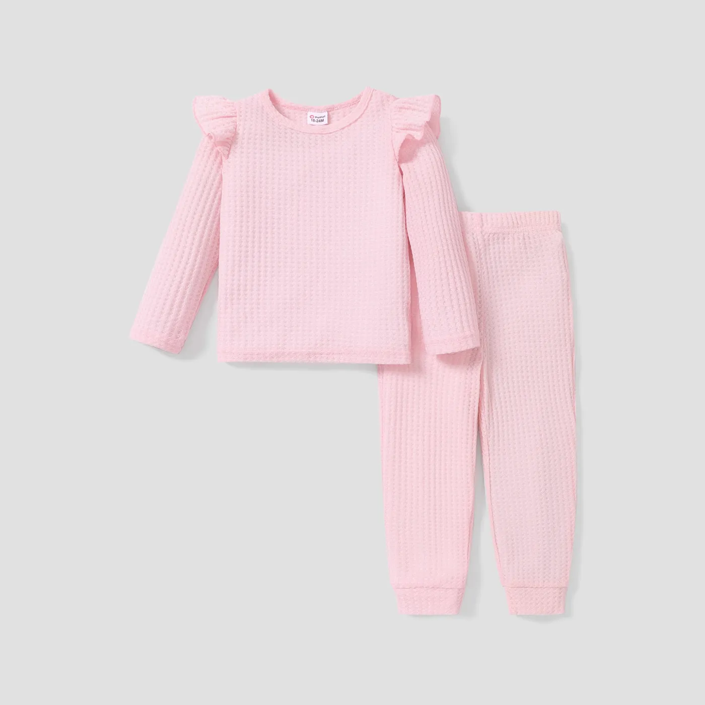 2-piece Toddler Girl Ruffled Textured Long-sleeve Top and Solid Color Pants Set Pink big image 1