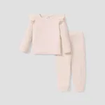 2-piece Toddler Girl Ruffled Textured Long-sleeve Top and Solid Color Pants Set Apricot