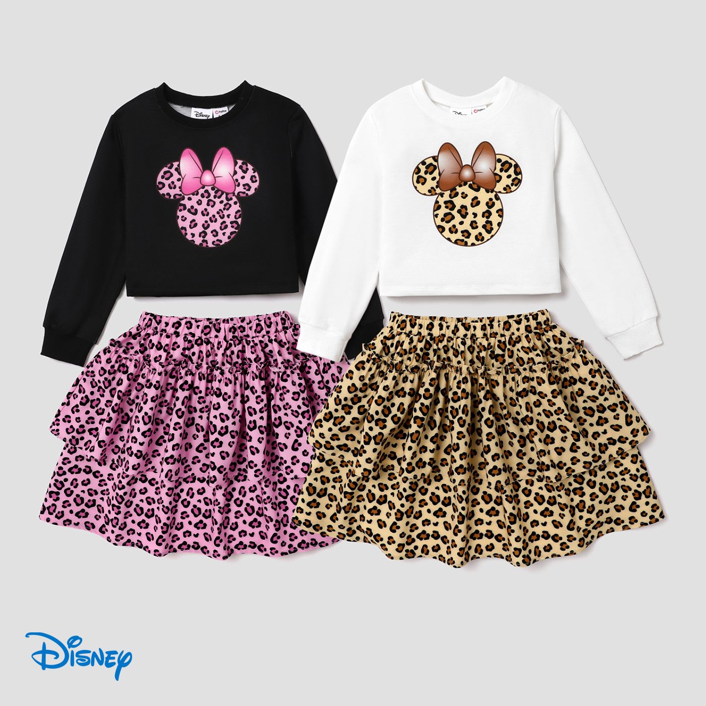 Disney Mickey And Friends Kid Girl Character Print Long-sleeve Top And Leopard Print Dress