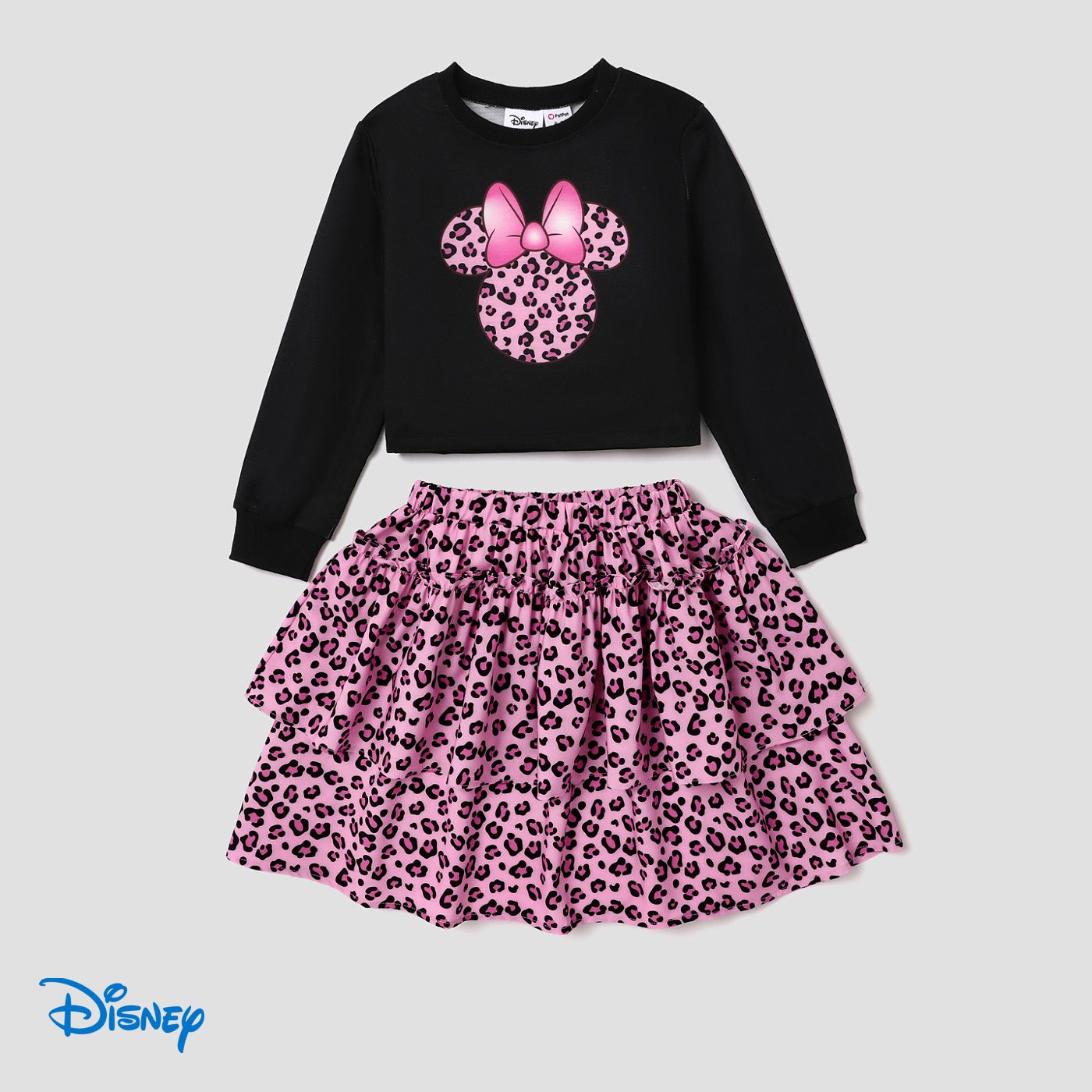 Disney Mickey And Friends Kid Girl Character Print Long-sleeve Top And Leopard Print Dress