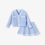 2PCS Kid Girl Cor sólida Sweet Braid Suit-Dress Azul