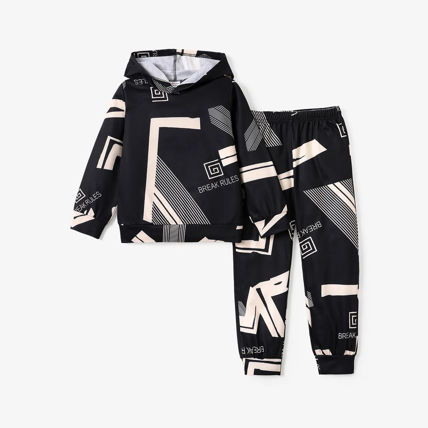 2pcs Kid Boy Allover Letter Print Hoodie Sweatshirt and Pants Set Black big image 1