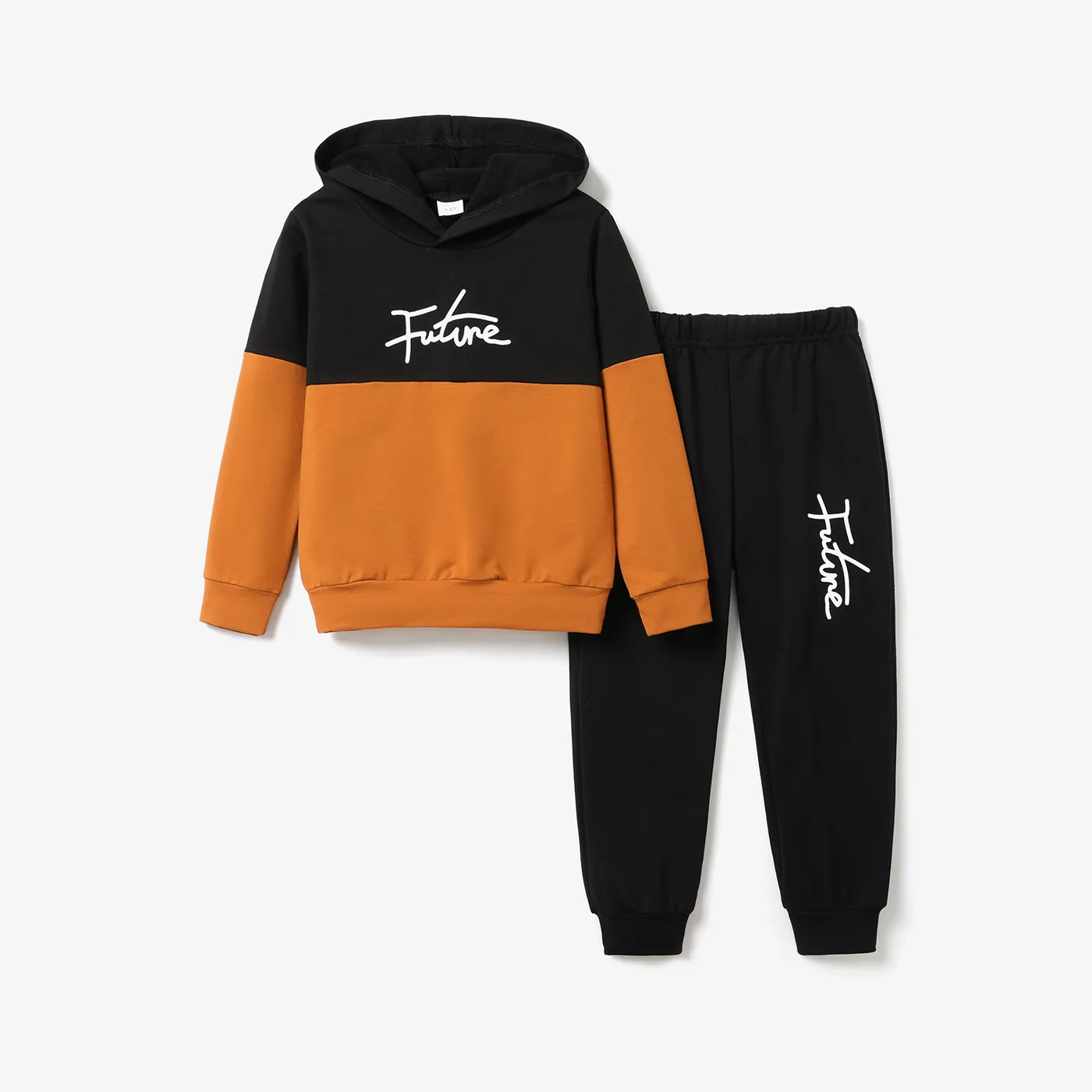 2pcs Kid Boy Letter Print Colorblock Hoodie Sweatshirt and Black Pants Set  big image 1