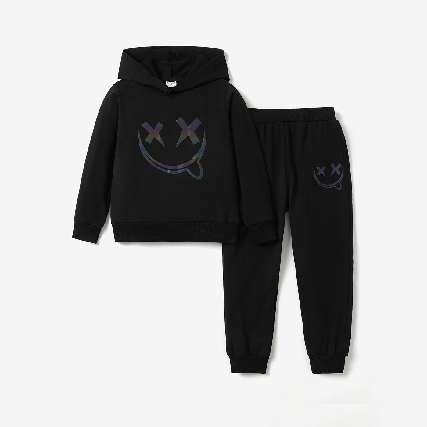 2pcs Kid Boy Reflective Face Graphic Print Black Hoodie Sweatshirt and Pants Set