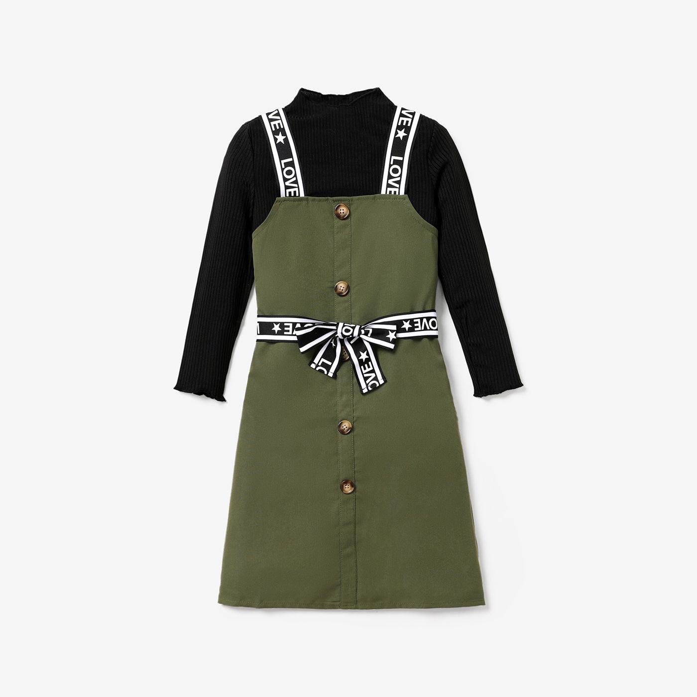 2pcs Kid Girl Mock Neck Lettuce Trim Long-sleeve Black Tee Ann Letter Print Green Overall Dress Set