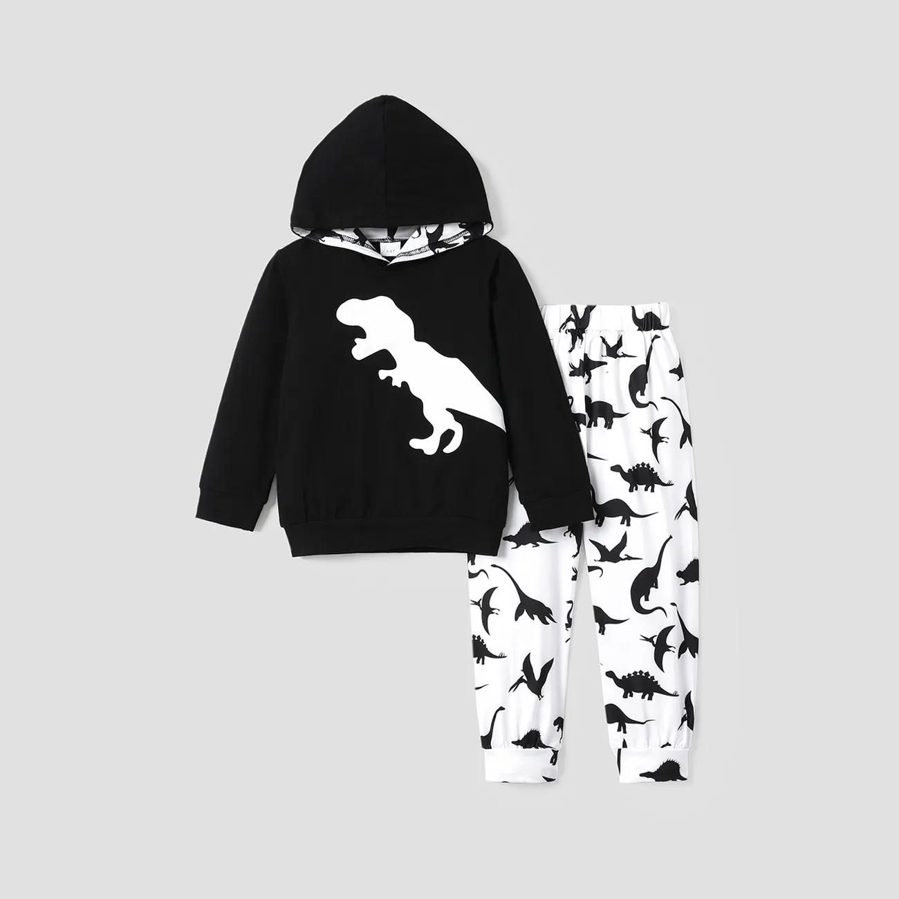 2-piece Toddler Boy Dinosaur Print Black Hoodie Sweatshirt and Pants Set  big image 1